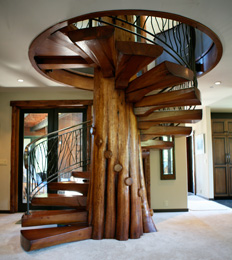 rustic spiral wood stairs